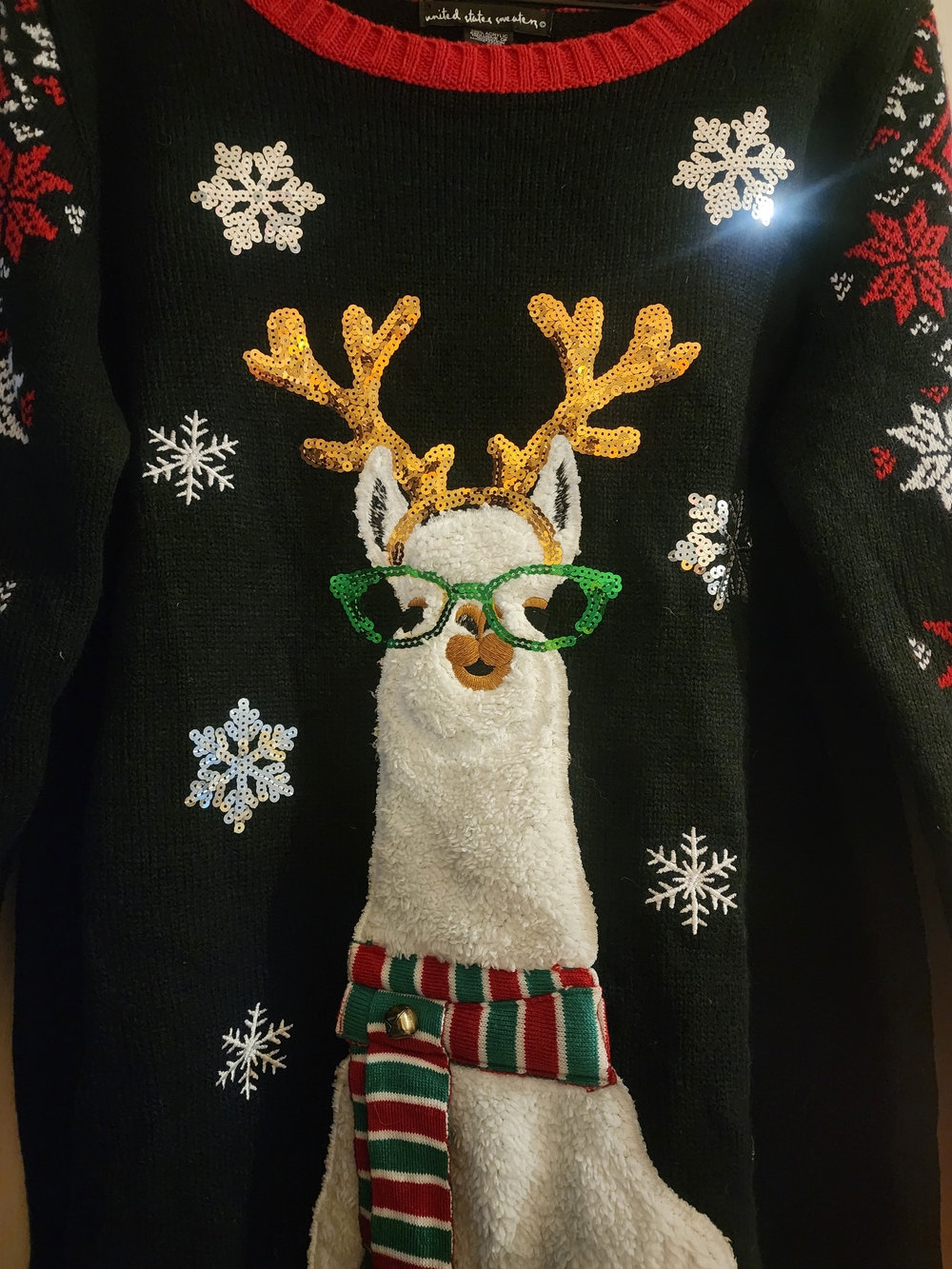 Holiday Llama Sweater with Gold Antlers and Green Glasses
